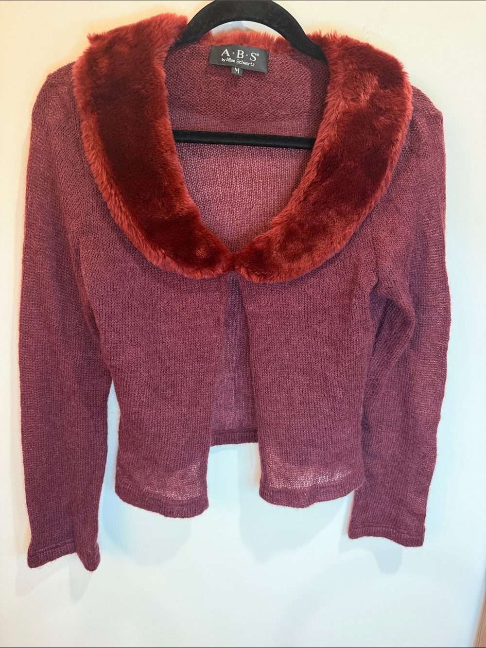 ABS by Allen Schwartz Burgundy Wool Blend Cardigan w/Faux-Fur Collar, M